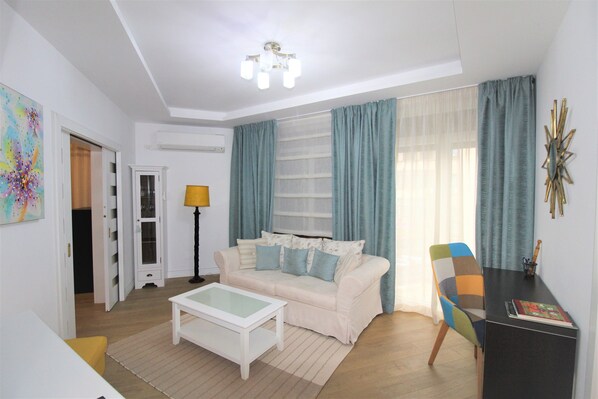 Smart TV, fireplace, books