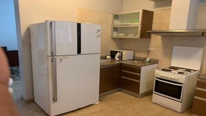 Fridge, microwave, oven, cookware/dishes/utensils