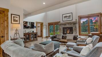 Televisio, takka, stereot, työhuone