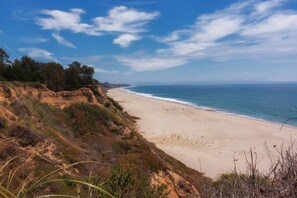 A coastal beach with a clear sky, sandy shore, and sparse vegetation.