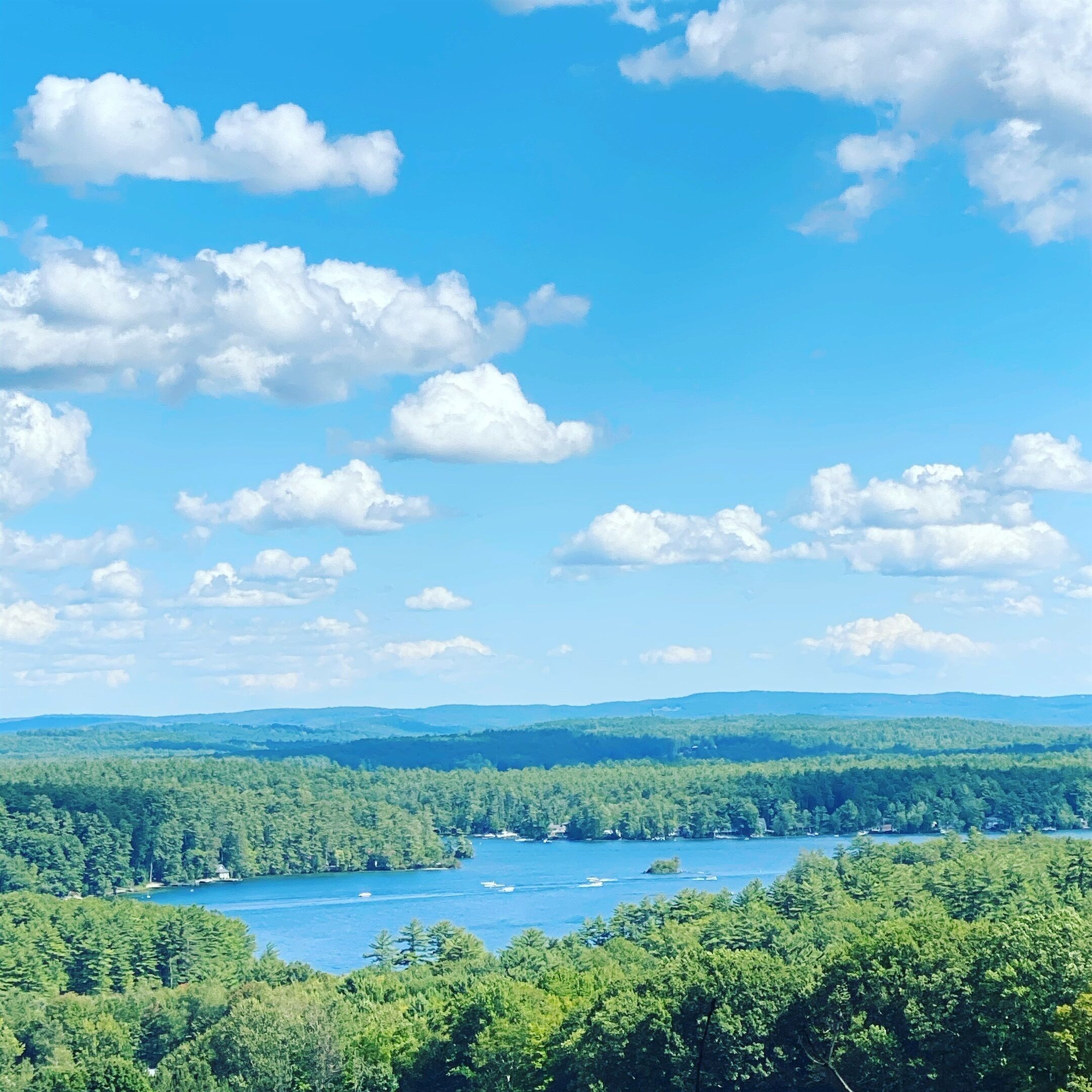 A view of a lake surrounded by dense forest and distant hills.