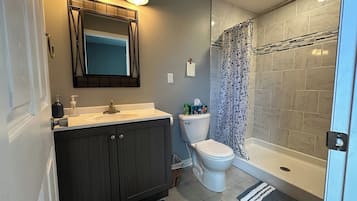 Shower, towels, soap, toilet paper