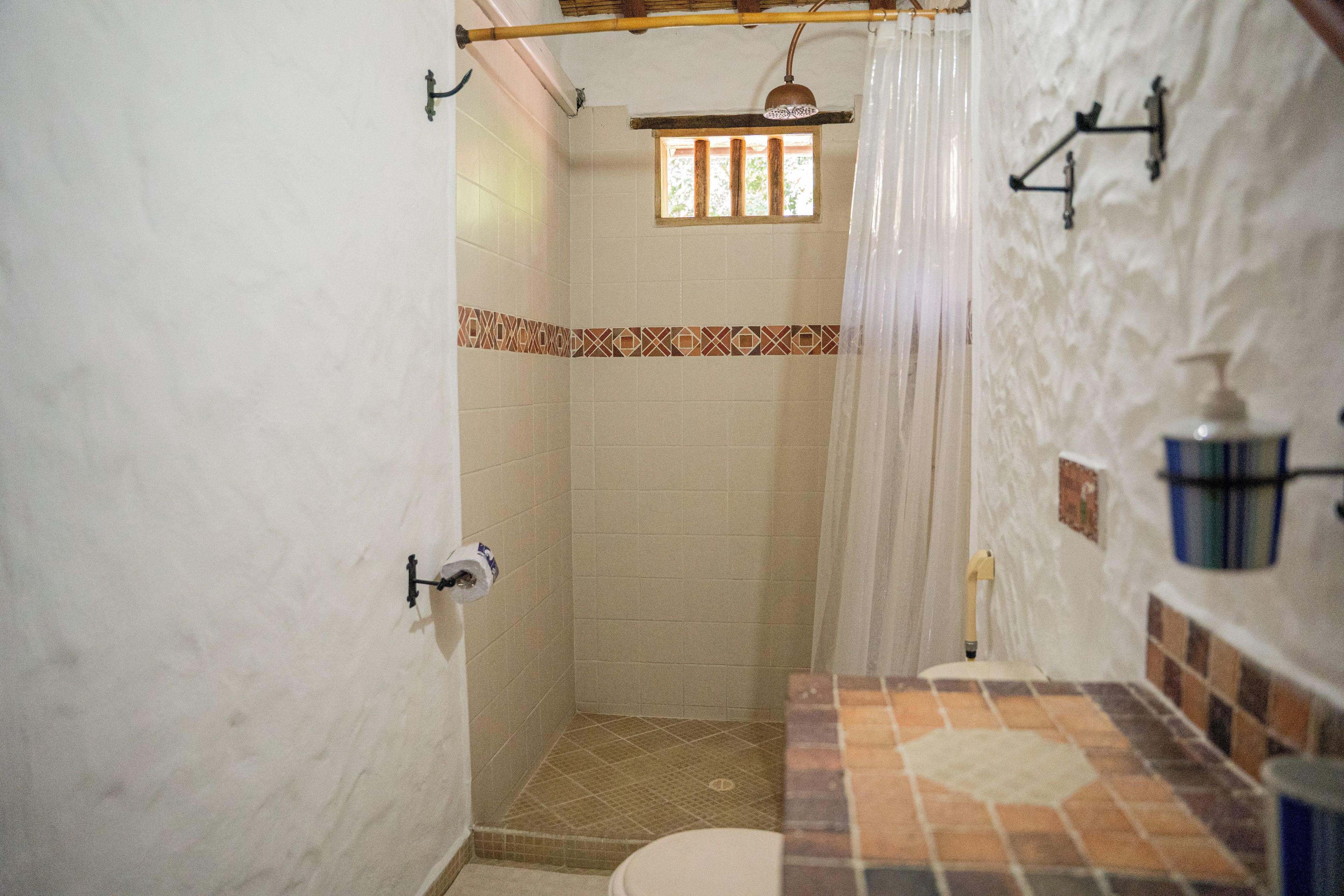 A bathroom with a shower, toilet, and a sink.