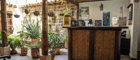 A rustic interior with a wooden reception desk, hanging plants, and a stone wall.