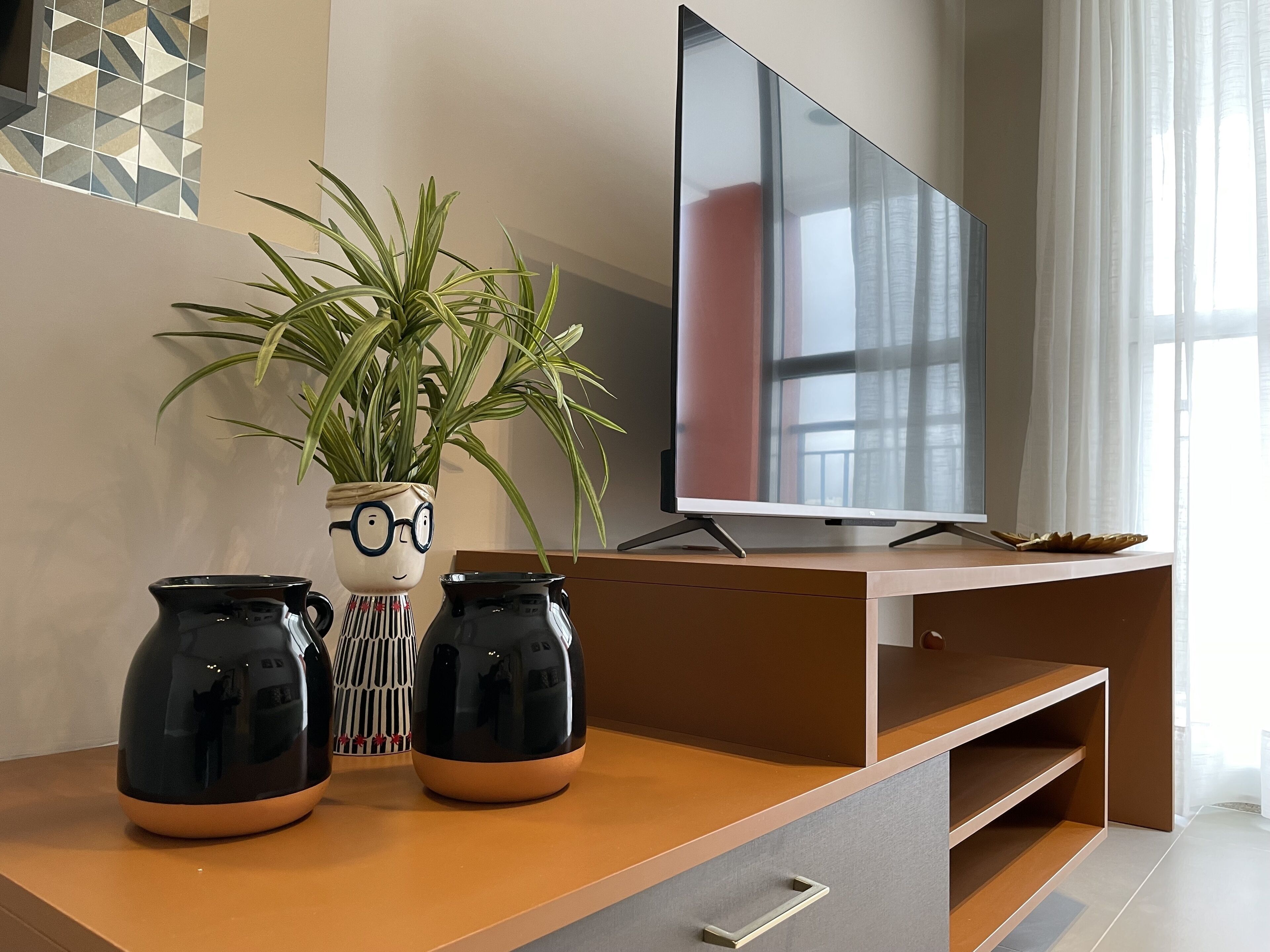 A modern living room with a flat-screen TV, a potted plant, and two decorative vases on a wooden console table.