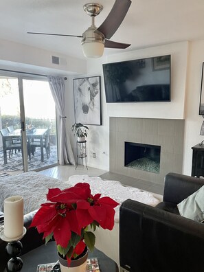 Televisión, chimenea y monitor de computadora 