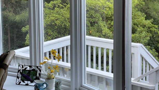 Ein Zimmer mit großem Fenster mit Blick auf eine weiße Terrasse und dichtes Grün.