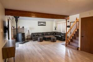 TV, fireplace, video games, table football