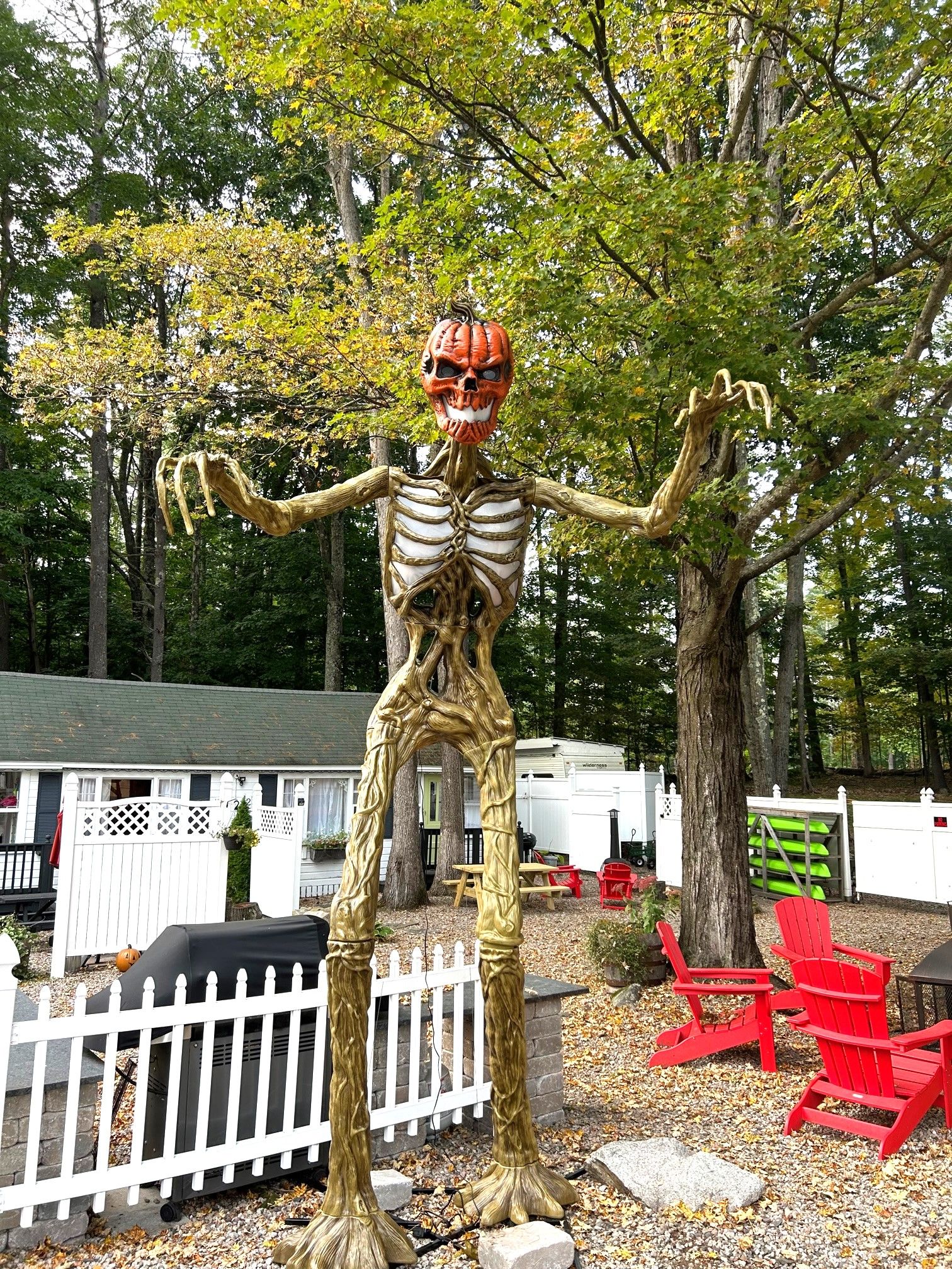 A Halloween-themed skeleton decoration in a yard with a white picket fence, red Adirondack chairs, and a white mobile home in the background.