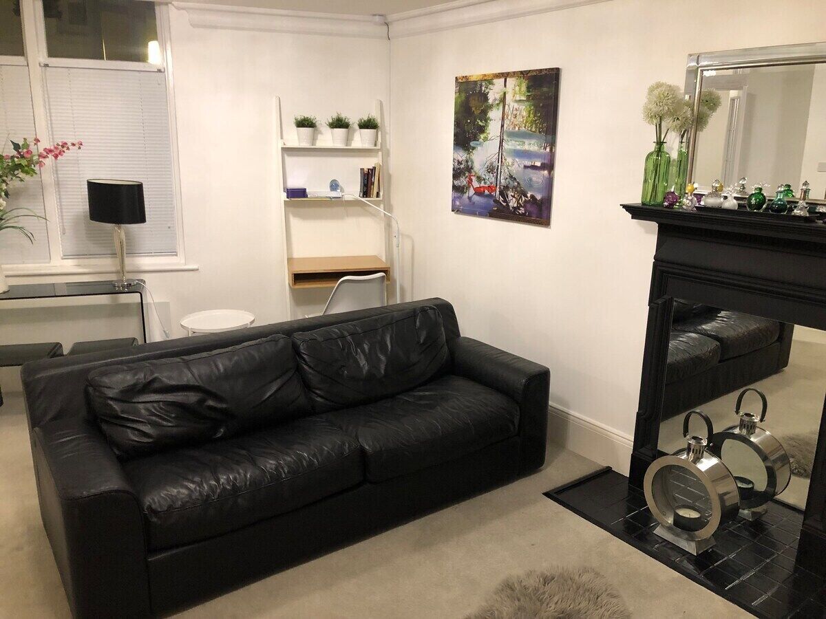 A living room with a black leather sofa, a white shelving unit with plants, a painting on the wall, and a fireplace with decorative items.