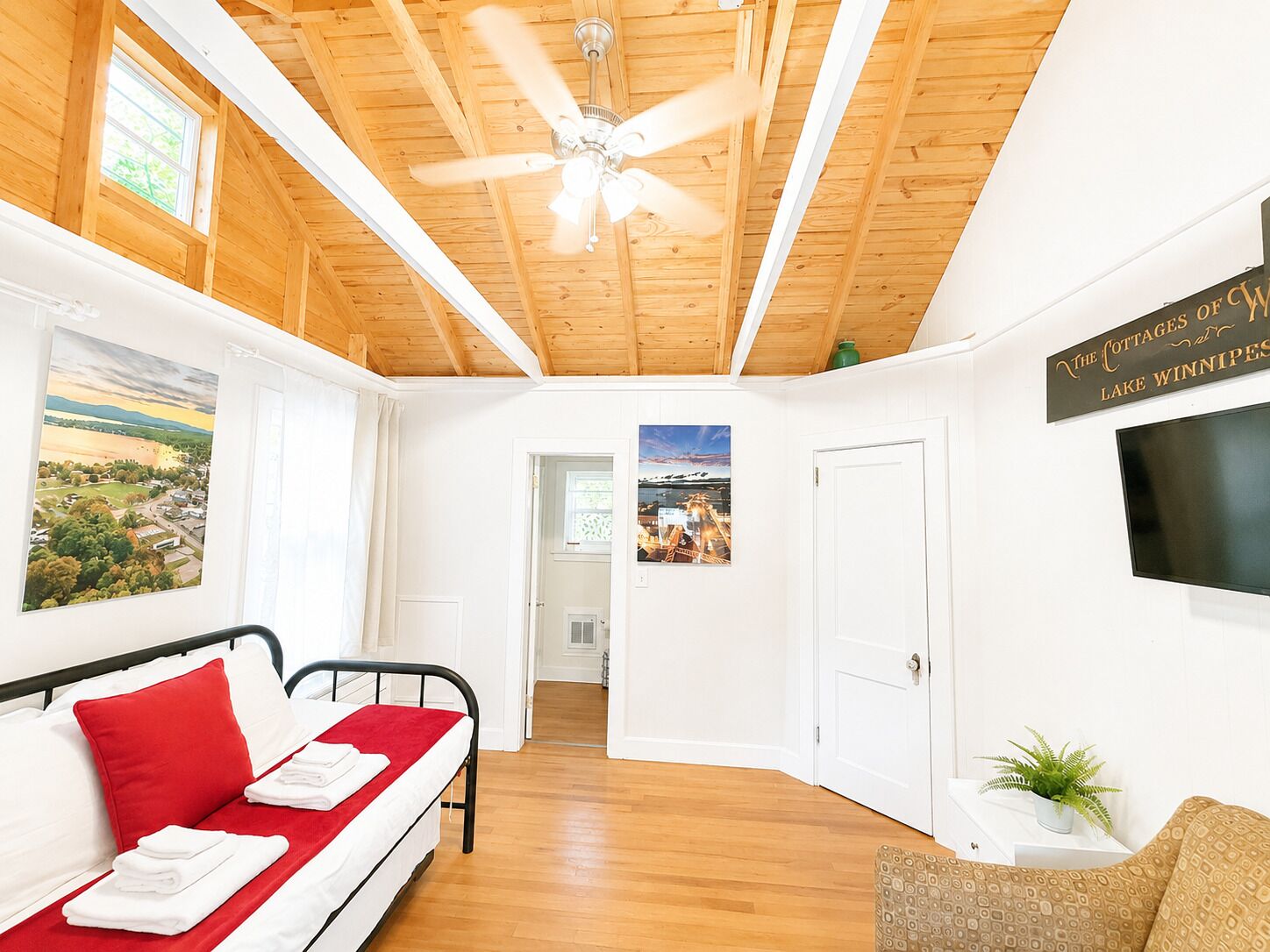 Smart TV, fireplace, books