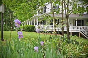 Standalone traditional house surrounded by lush greenery and a covered front porch.