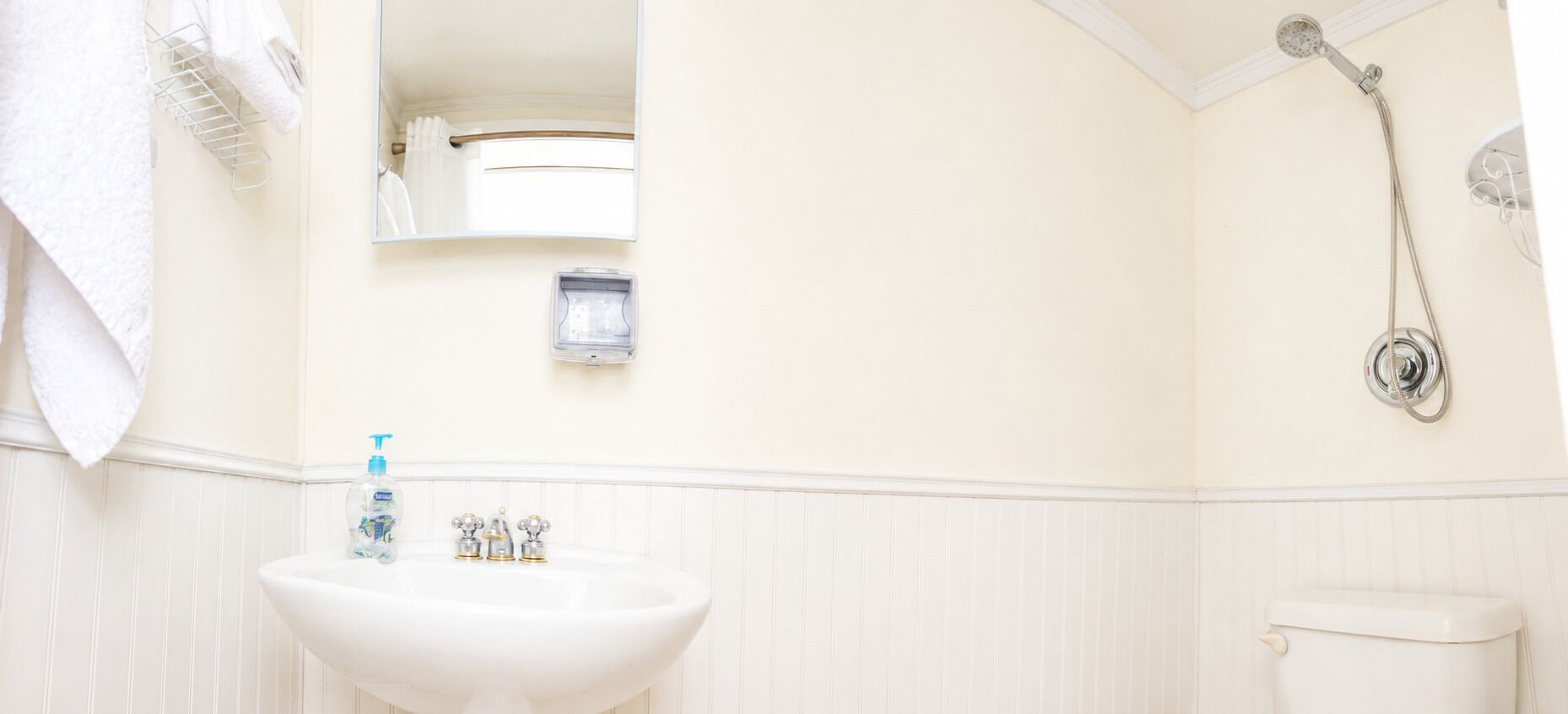 A bathroom with a white sink, a toilet, a shower, and a mirror.