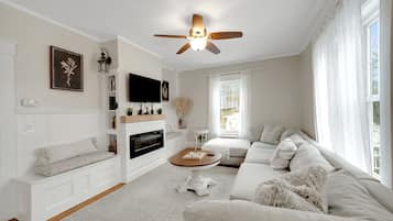 Smart TV, chimenea y libros
