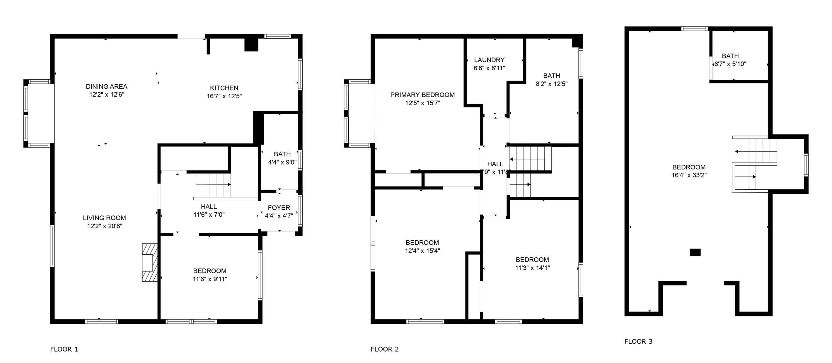 Trois plans d’étage d’un hôtel comprenant différents types de chambres, notamment un espace repas, une cuisine, un salon, des chambres à coucher, des salles de bains et un hall d’entrée.
