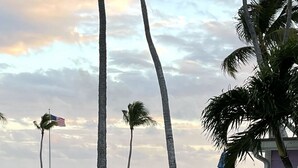 A beach scene with palm trees, a wooden pier, and a small building with a blue umbrella. - Beach House just steps from Sun & Fun! (North Palm Beach)