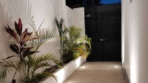 Un étroit sentier en béton mène à un portail noir, bordé de murs blancs et de plantes en pot.
