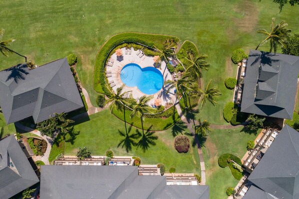 An aerial view of a resort with a central swimming pool surrounded by palm trees and manicured lawns.