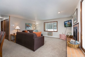 Smart TV, fireplace, books