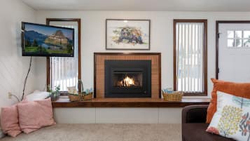 Smart TV, fireplace, books