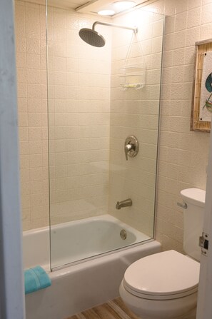 Combined shower/bathtub, hair dryer, towels