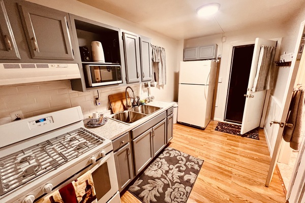 Frigorífico, microondas, horno y placa de cocina