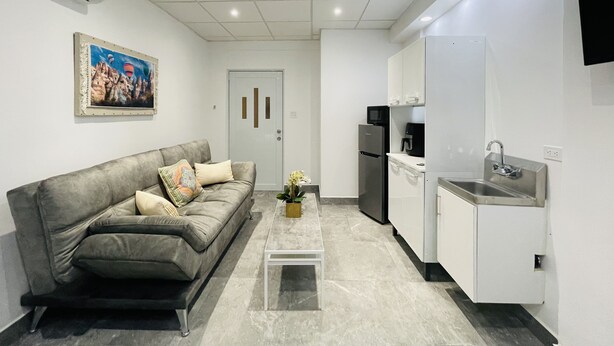 A modern living room with a grey sofa, a coffee table, and a painting on the wall. - 5 Start* New Beautiful Cozy Apart in San Juan P.R (San Juan)