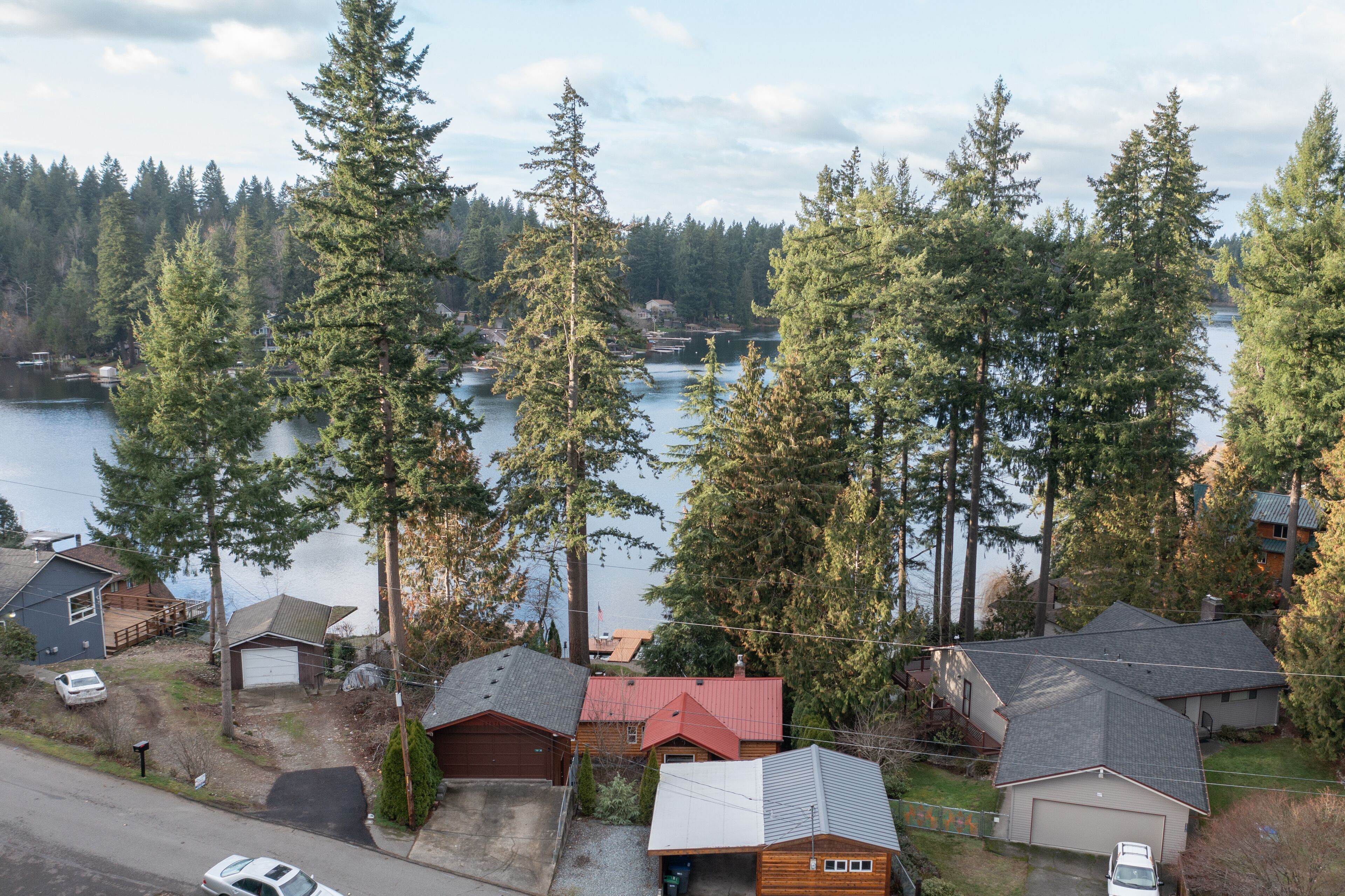 A residential area with houses, a lake, and tall trees.