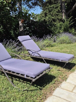 Two lounge chairs with cushions, positioned on a grassy area with a stone pathway. - House with pool view (Tulette)