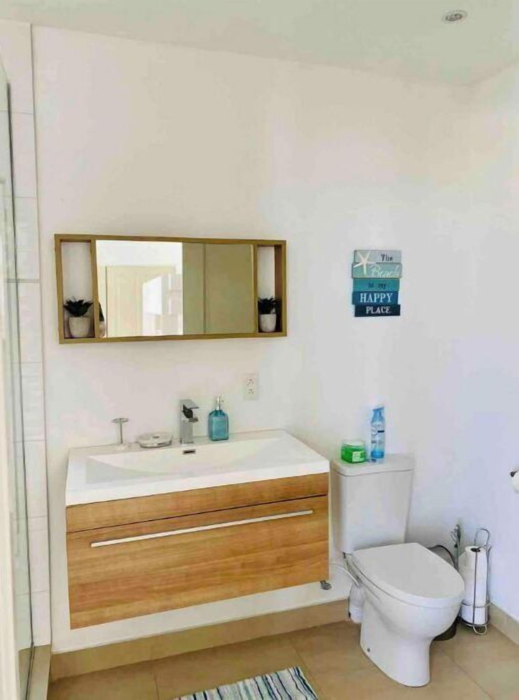 Un baño moderno con tocador de madera, un espejo grande, un inodoro y una pequeña estantería con plantas.