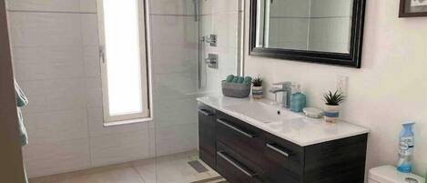 A modern bathroom with a glass shower enclosure, a large mirror, and a dark vanity with a white countertop.