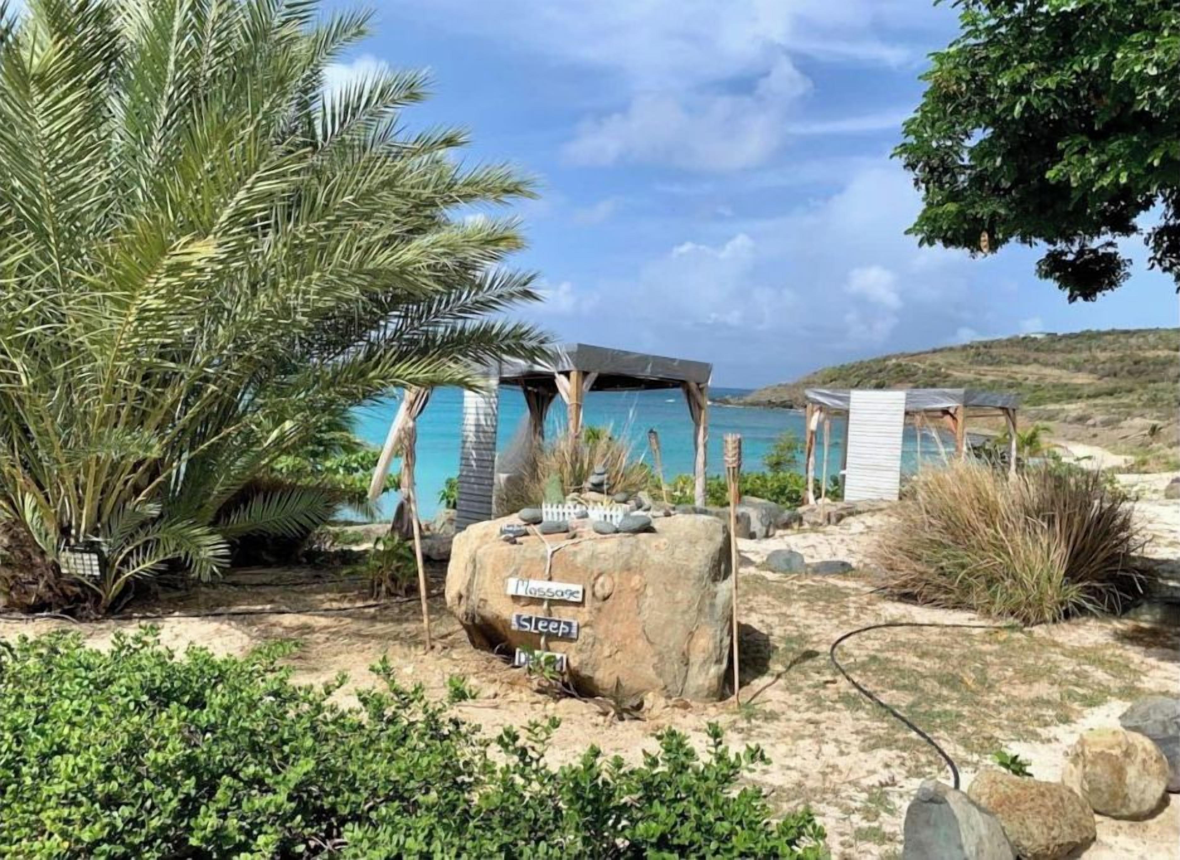 A beachside resort with a large palm tree, a rock with 'Massage' and 'Sleep' signs, and a small structure with a blue roof.