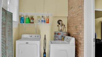 Combined shower/tub, hair dryer, towels, soap