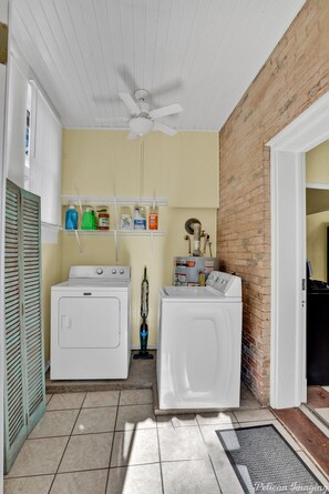 Combined shower/tub, hair dryer, towels, soap