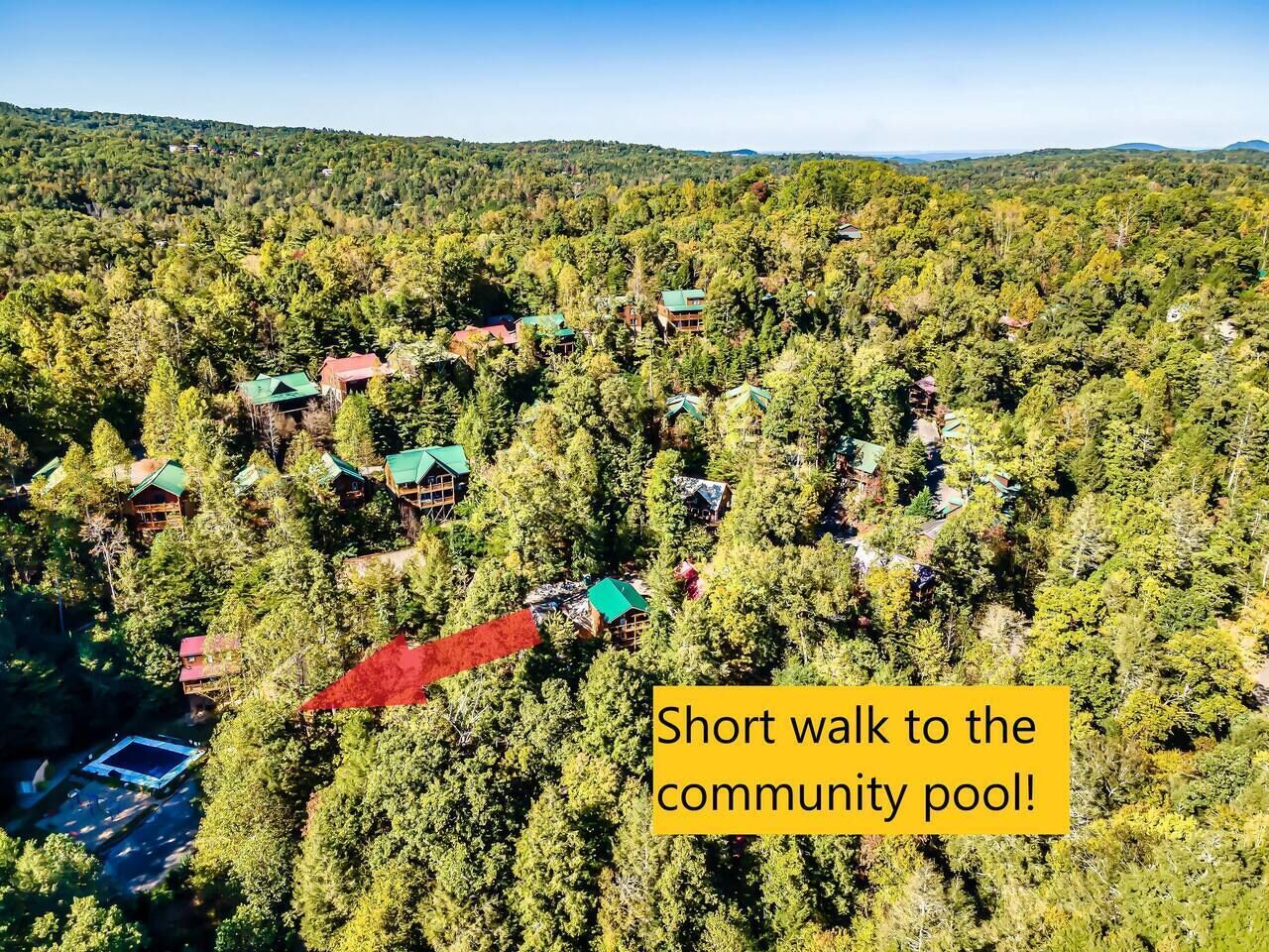 An aerial view of a forested area with cabins and a community pool.