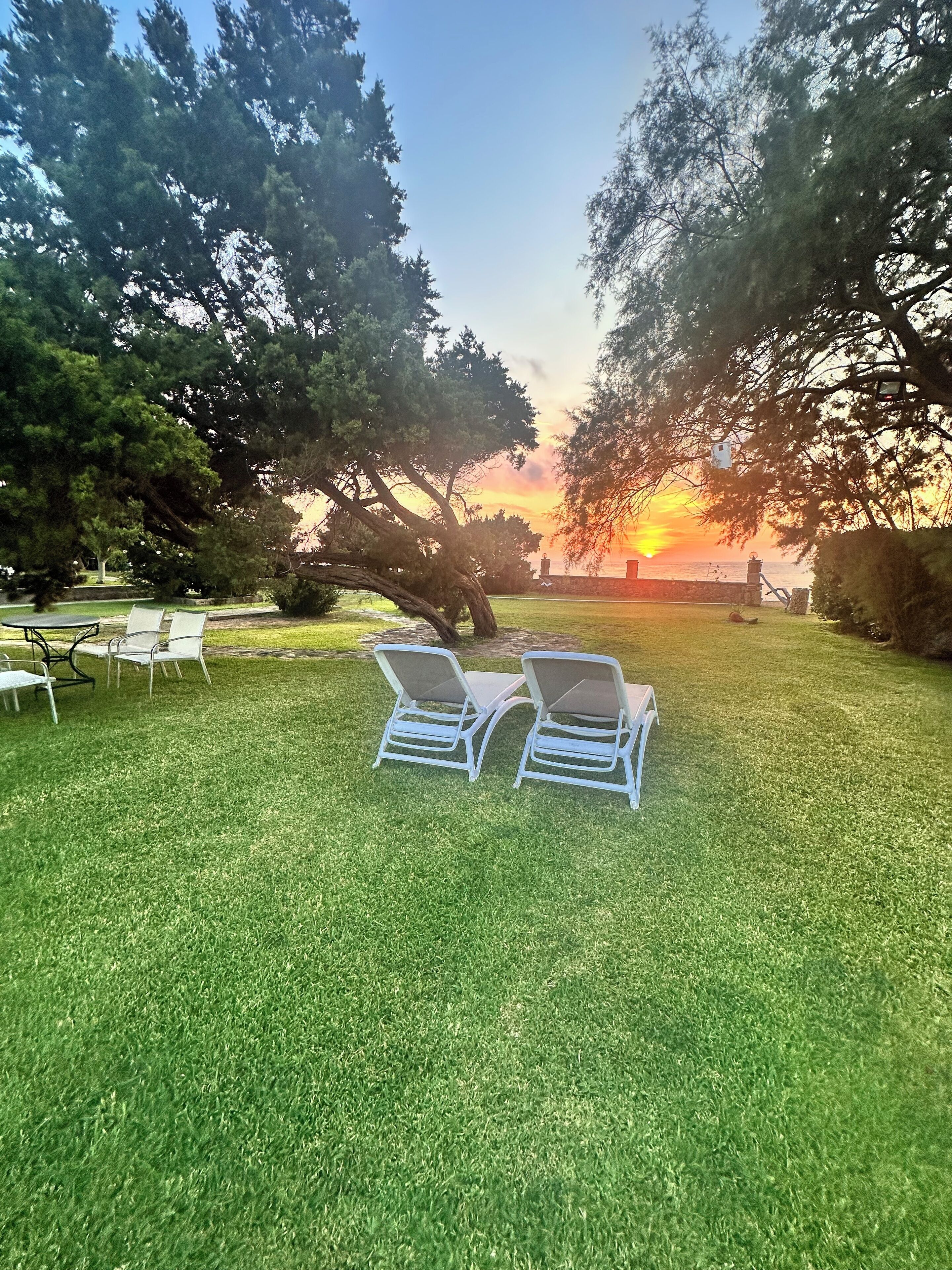 A grassy outdoor area with two lounge chairs and a table, surrounded by trees and a sunset view.