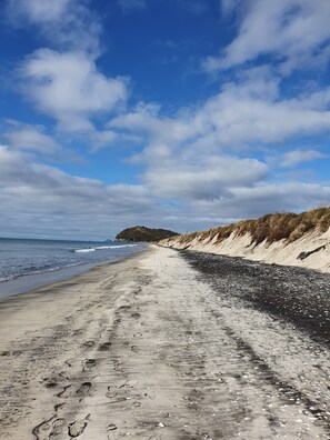 A beach with a sandy shore and a line of dunes in the background.