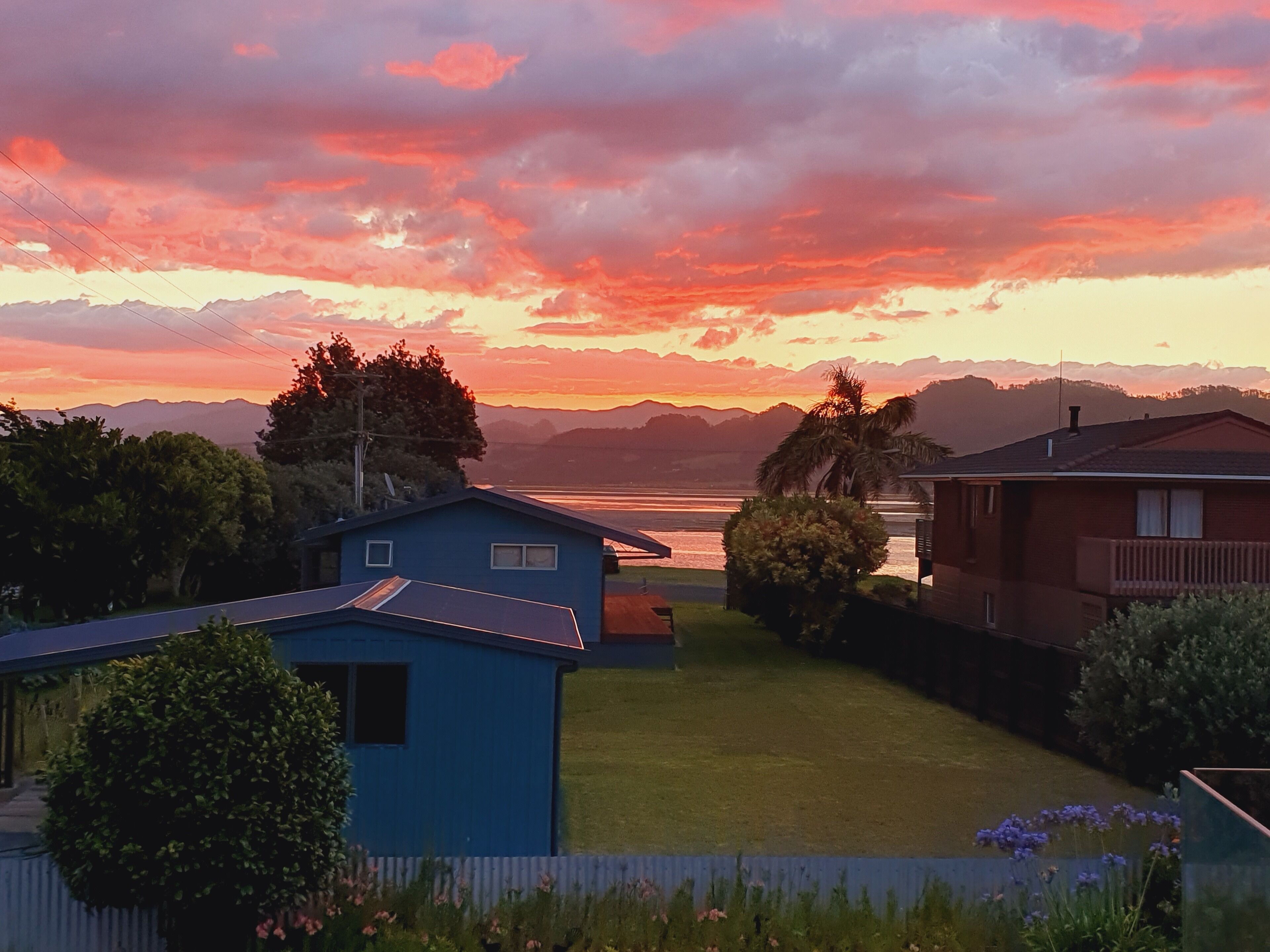 A residential area with houses, a lawn, and a body of water in the background.