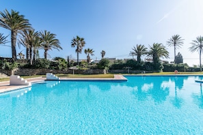 A clear blue swimming pool with steps leading into it, surrounded by palm trees and a stone wall.