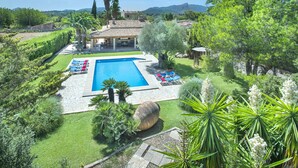 A pool with a tiled deck, surrounded by greenery and a house in the background.