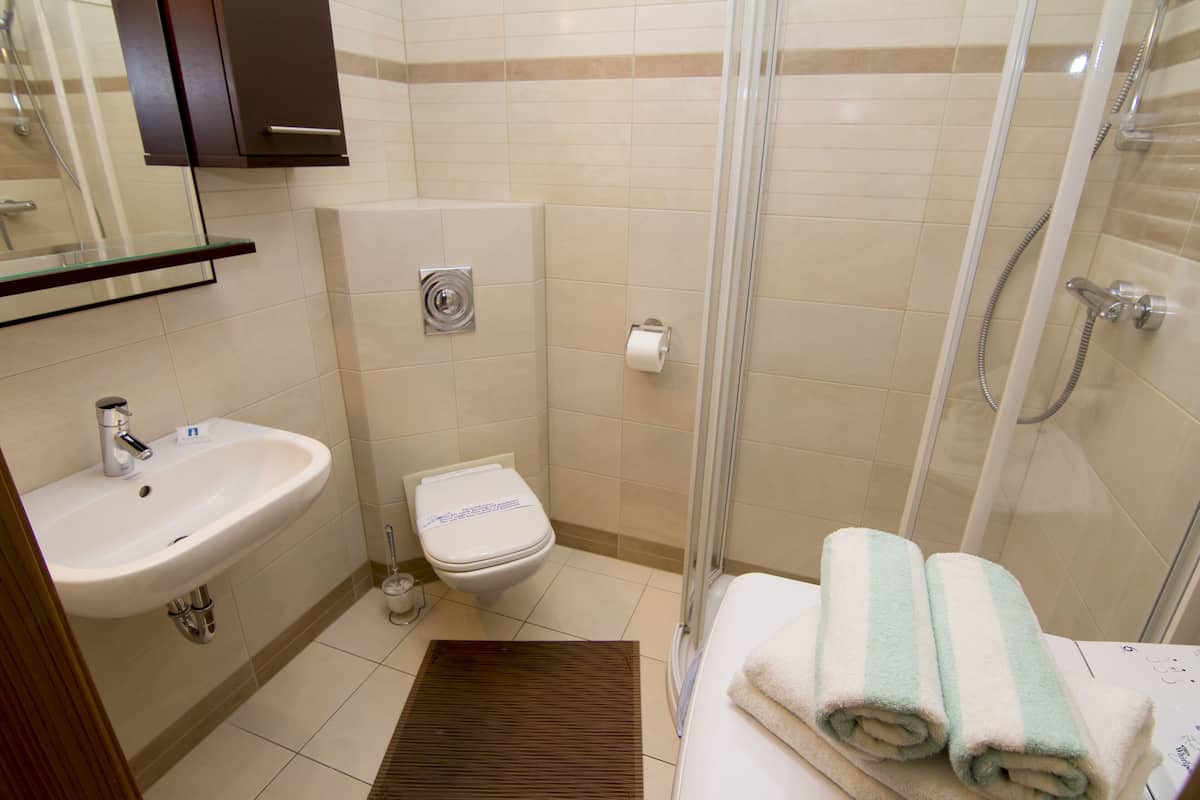 Basic Apartment | Bathroom | Shower, hair dryer, towels