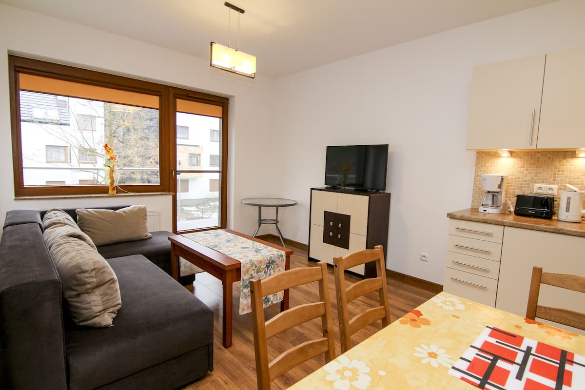 Un espacio habitable compacto con sofá, una pequeña mesa de comedor, sillas, televisor y kitchenette.