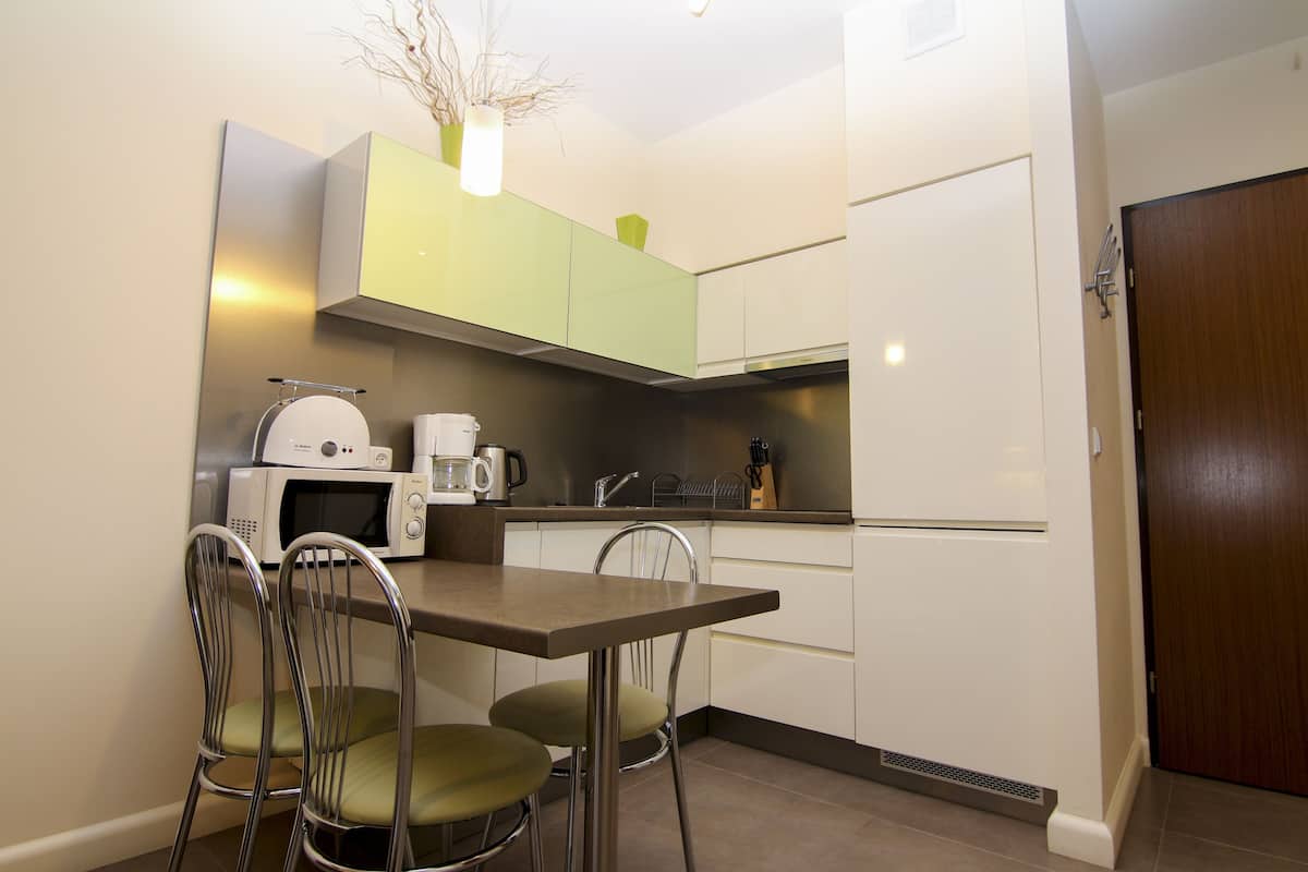 Basic Apartment | Private kitchen | Coffee/tea maker, electric kettle, highchair, dining tables