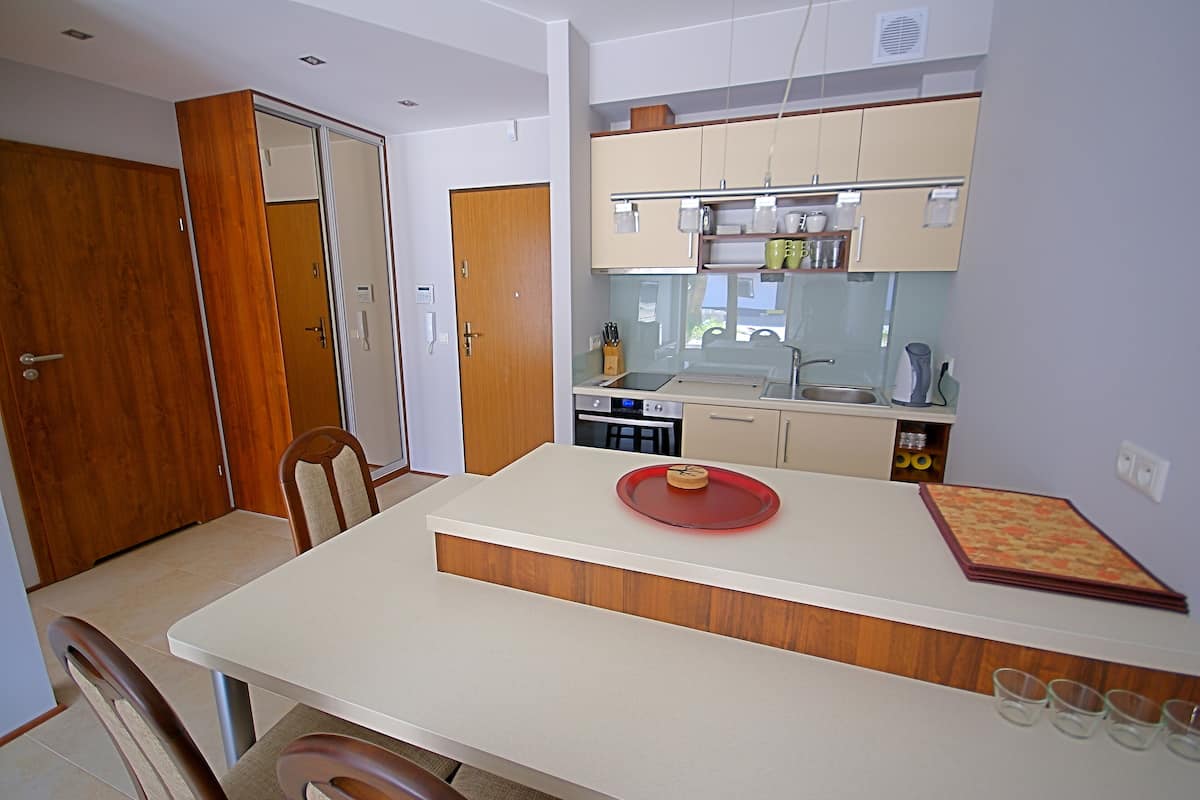 Standard Apartment | Private kitchen | Coffee/tea maker, electric kettle, highchair, dining tables