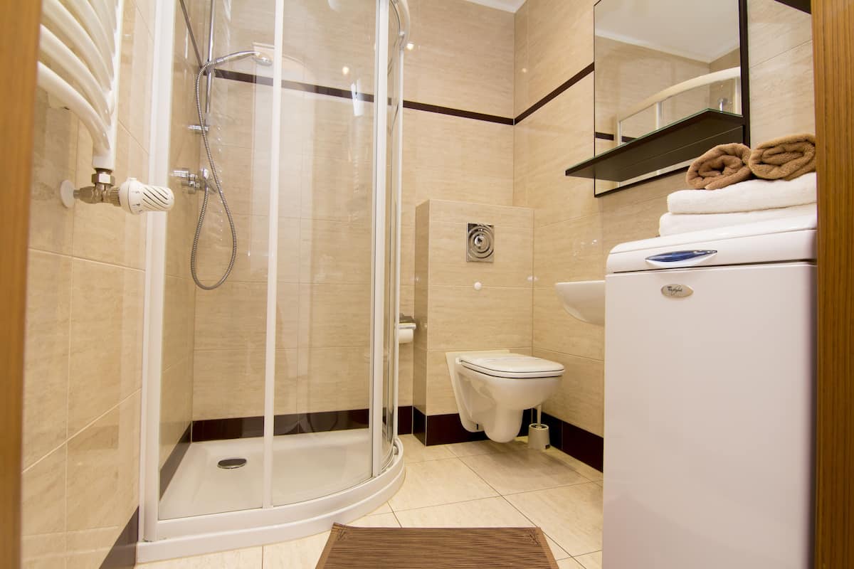 Basic Apartment | Bathroom | Shower, hair dryer, towels