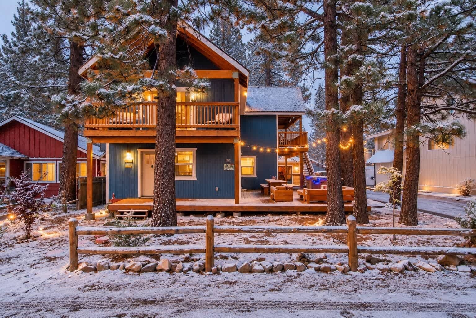 Winter at the Lake View Retreat: main house with deck and string lights