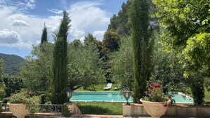 Ein Poolbereich mit Bergblick, umgeben von hohen Bäumen und Topfpflanzen.