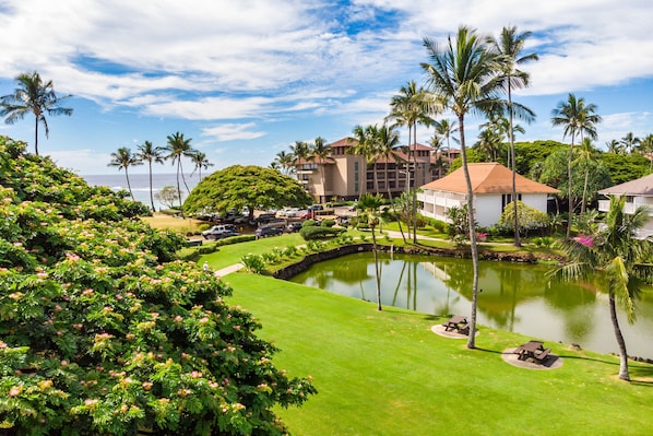 A resort with a pool, palm trees, and a view of the ocean.