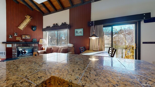 Een ruime woonkamer met een grote granieten tafel, een open haard en uitzicht op bomen door een glazen schuifdeur.