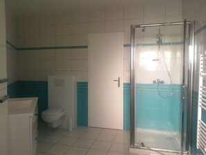 Combined shower/bathtub, hair dryer
